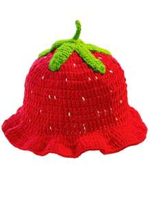1 件女士手工钩针草莓图案渔夫帽，波西米亚风格镂空荷叶边可爱针织帽，透气可折叠休闲嘻哈帽 - 紅色 - 查看 17