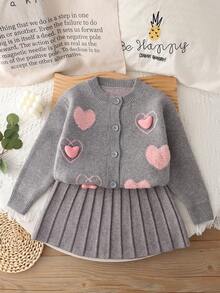 2pcs Kids Knitted Cardigan Sweater And Pleated Skirt Set, Heart Design Winter Outfit Long Sleeve Sweater Jacket And Skirt - Grey - View 1