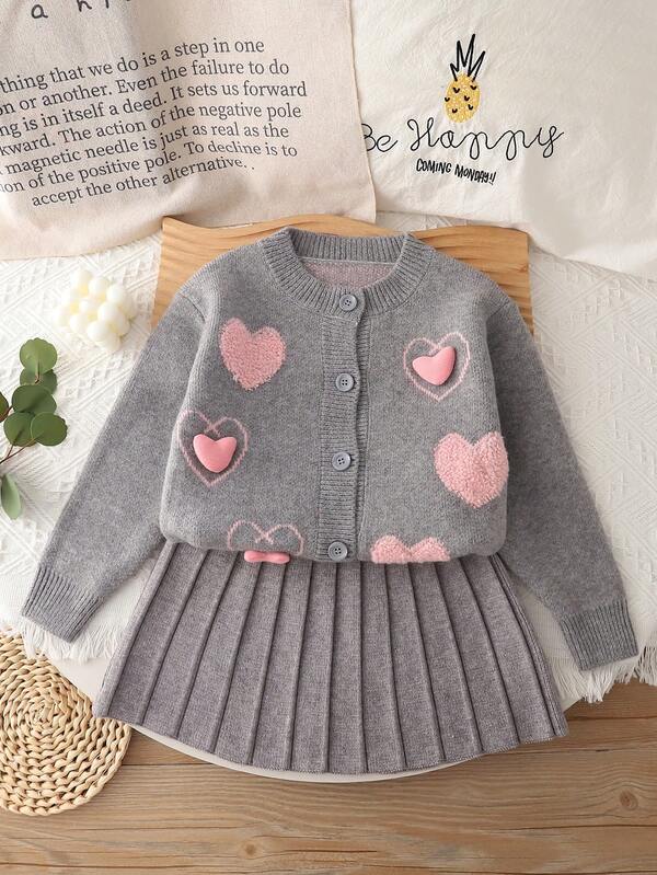 2pcs Kids Knitted Cardigan Sweater And Pleated Skirt Set, Heart Design Winter Outfit Long Sleeve Sweater Jacket And Skirt