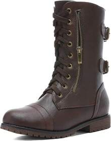 Mid Calf Lace-Up Military Combat Boots - Women's Functional Wallet Pocket Boots - Brown - View 1