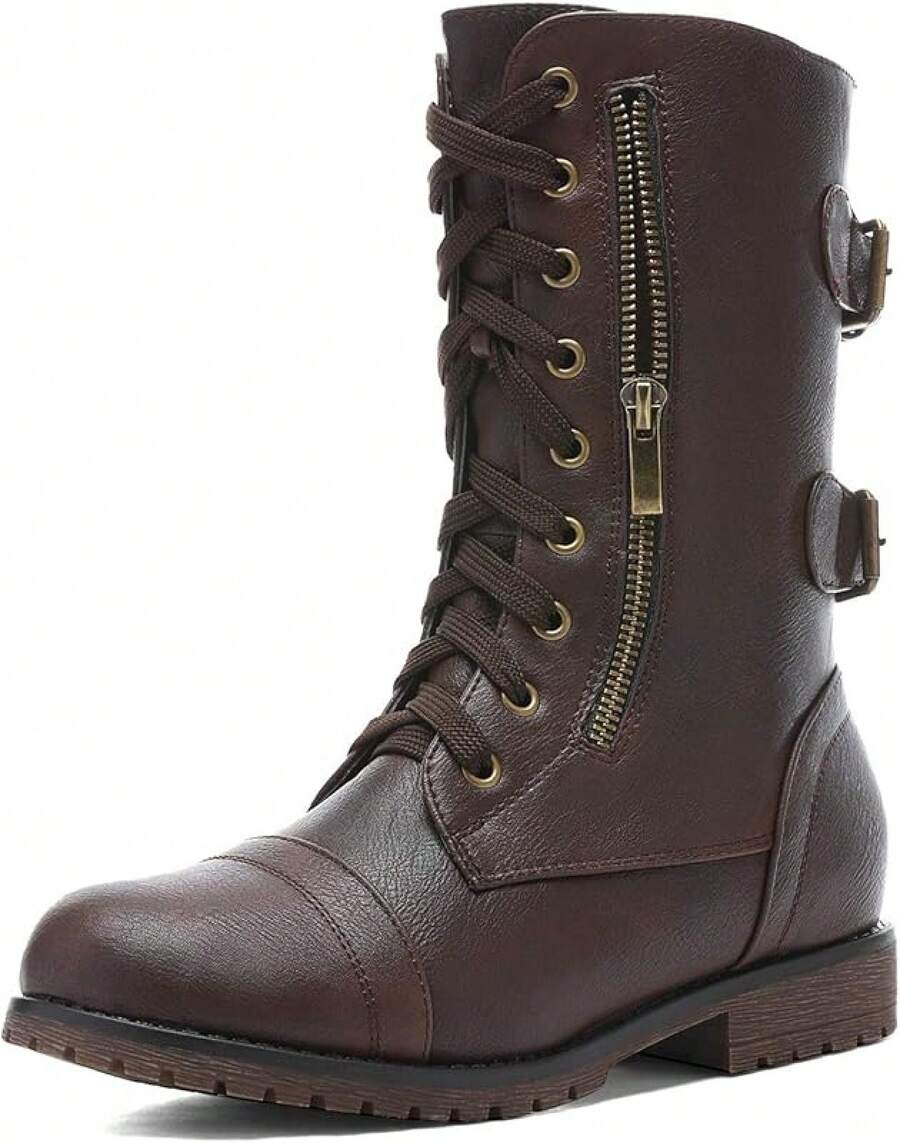 Mid Calf Lace-Up Military Combat Boots - Women's Functional Wallet Pocket Boots - Brown - View 1