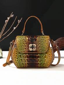 Classic Solid Color Mini Square Handbag, Crocodile Pattern Top Handle Bag For Women - 6#黃+棕 - 查看 1