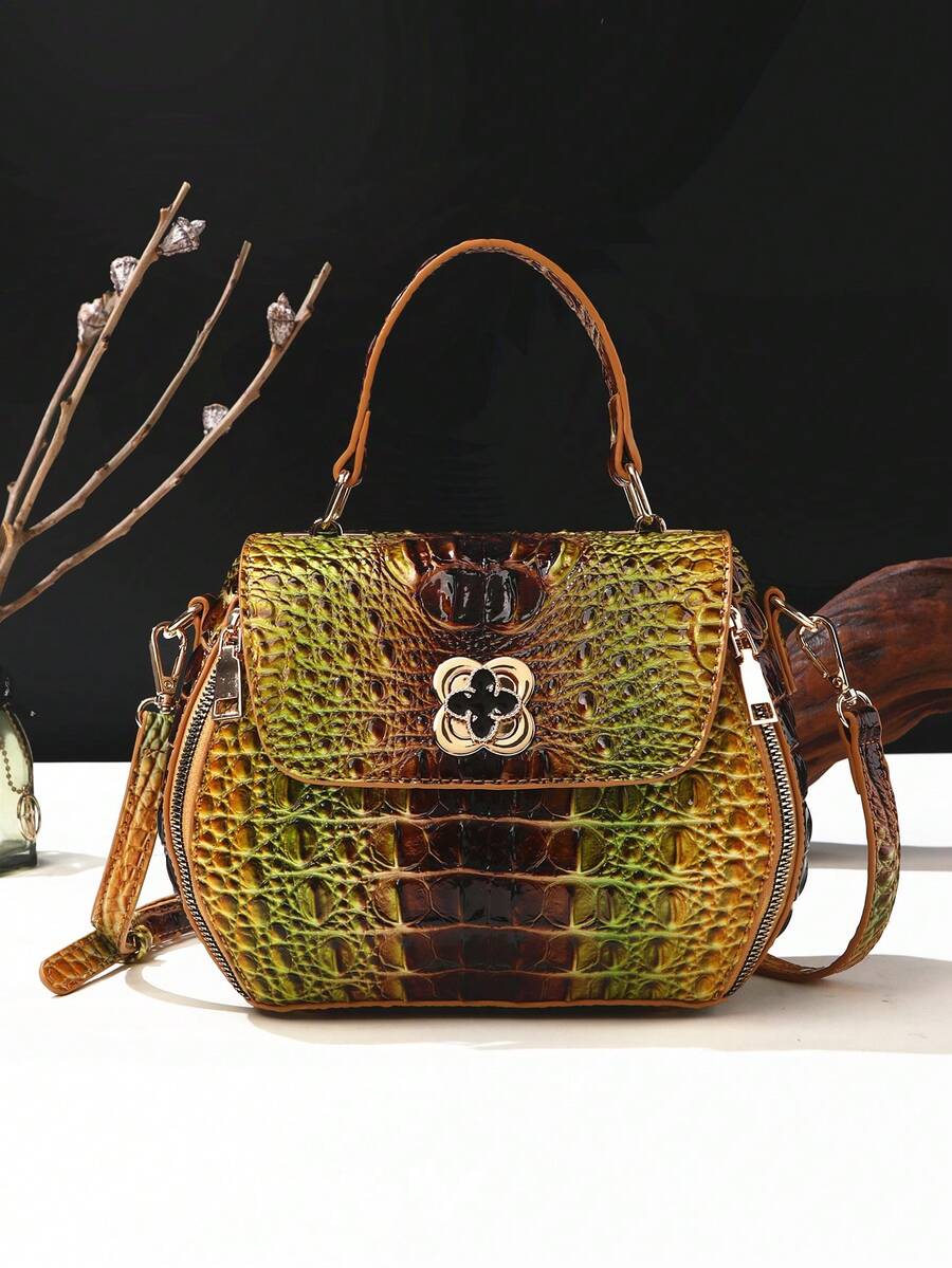 Classic Solid Color Mini Square Handbag, Crocodile Pattern Top Handle Bag For Women - 6#黃+棕 - 查看 1