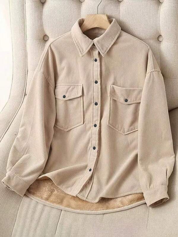 Casaco feminino de veludo cotelê com forro térmico e ajuste solto, outono/inverno