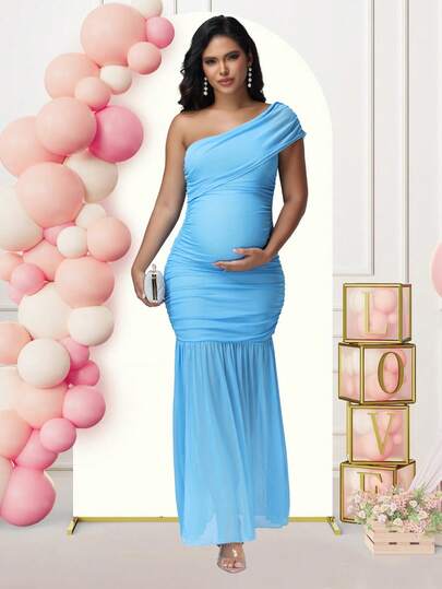 JustVH Maternity Elegant One Shoulder Ruched Side Split Hem Pregnant Dress For Baby Shower, Party, Photoshoot
