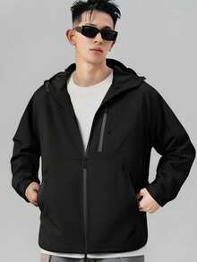 男士轻便防水雨衣连帽外套户外雨衣徒步风衣夹克外套 - 黑色 - 查看 1