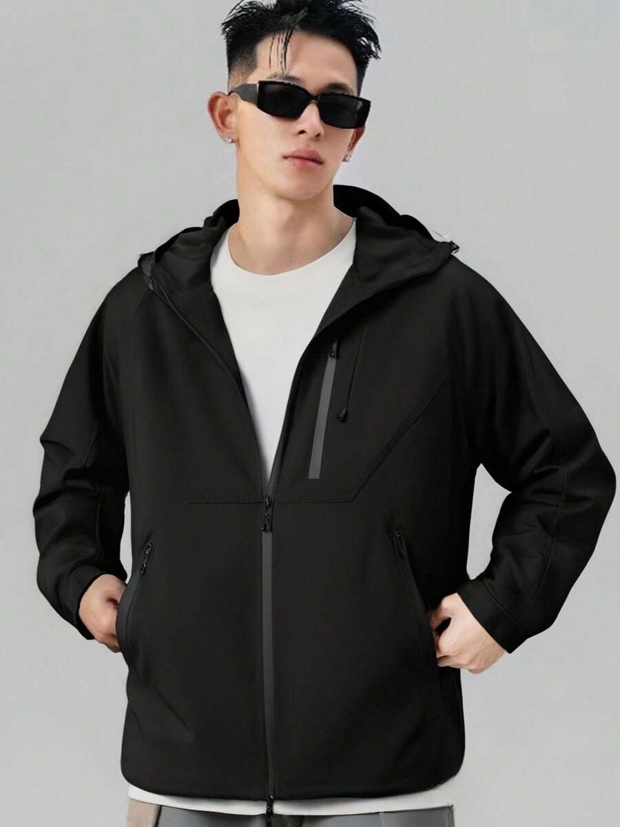 男士轻便防水雨衣连帽外套户外雨衣徒步风衣夹克外套 - 黑色 - 查看 1