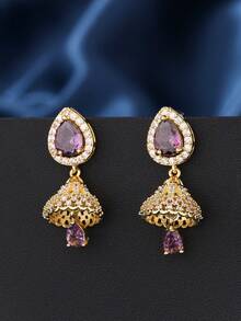 1 par de lujosos pendientes de cobre con forma de lágrima y circonita cúbica, un elegante y versátil jhumki con borlas, ideal para uso diario, festivales, bodas y fiestas. Ideal como regalo de joyería. - multicolor - Ver 11