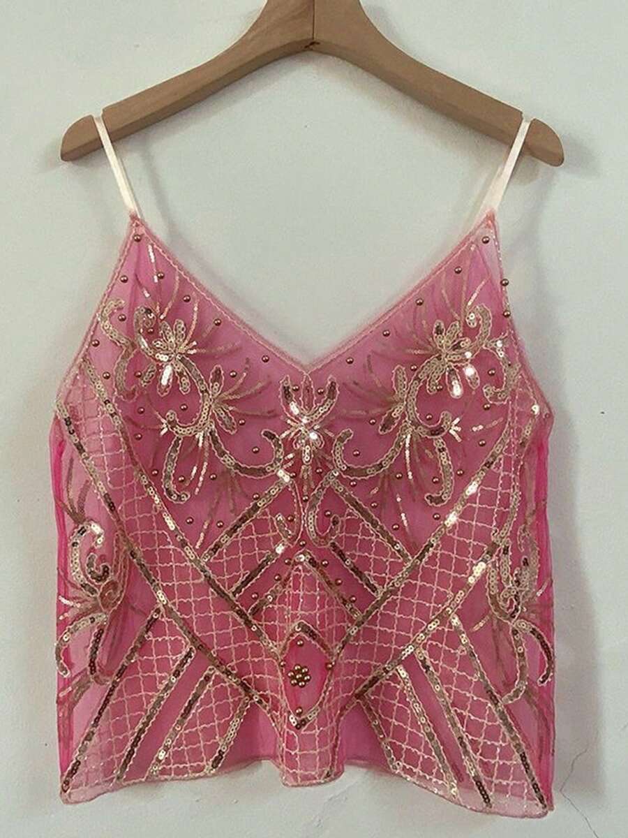 Women Y2k Sequin Cami Top Sheer Mesh Embroidered Beaded Tank Top Sleeveless Backless Sparkly Crop Tops - 粉色 - 查看 1