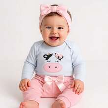 Sempre Bebê Roupa Conjunto Bebê Menina Mesversário Inverno Frio Conjuntinho Roupinha Bordado Algodão Vaca Vaquinha Fazendinha - Rosa Bebê - View 1