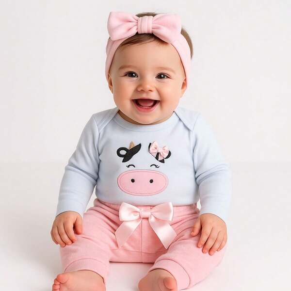 Sempre Bebê Roupa Conjunto Bebê Menina Mesversário Inverno Frio Conjuntinho Roupinha Bordado Algodão Vaca Vaquinha Fazendinha