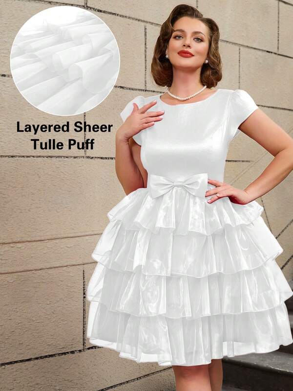 AOMEI Vestido con volantes escalonados, mangas cortas con lazo, vestido de fiesta vintage, vestido para fiesta, atuendo todo blanco para fiesta