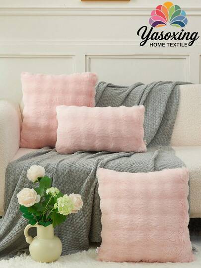 1个浅粉色仿毛皮装饰抱枕套（不含枕芯），现代法兰绒绒面抱枕套，带拉链封口，适用于家居、沙发、客厅