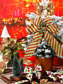 3 Rolls Christmas Wired Ribbon, Red And Lemon Green Christmas Wrapping Ribbon, 6.3cm Wide Polka Dot Fabric Christmas Decoration DIY Craft Home Decor Christmas Decorations Room Decor Winter - Multicolor - View 5