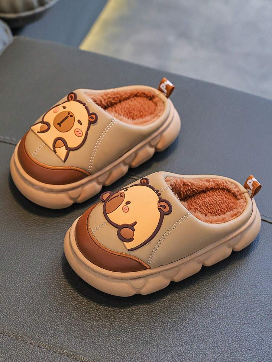 1 Pair Children's Slippers, Plush Indoor Home Slippers For Boys And Girls, Autumn/Winter - Coffee Brown - View 1