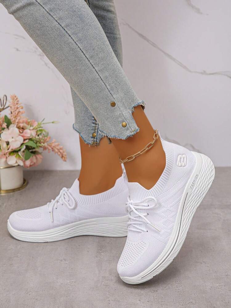 Women's Breathable Elastic Mesh Slip-On Socks Shoes, Comfortable For Running, Casual, Sports In Spring/Summer - White - View 4