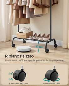 SONGMICS Stand Appendiabiti con Ruote, Attaccapanni Estensibile in Metallo, con Ripiano Portaoggetti Rialzato, 40 x (83-120) x 156 cm, Portata Totale 45 kg, Nero Inchiostro - nero - Visualizzare 4