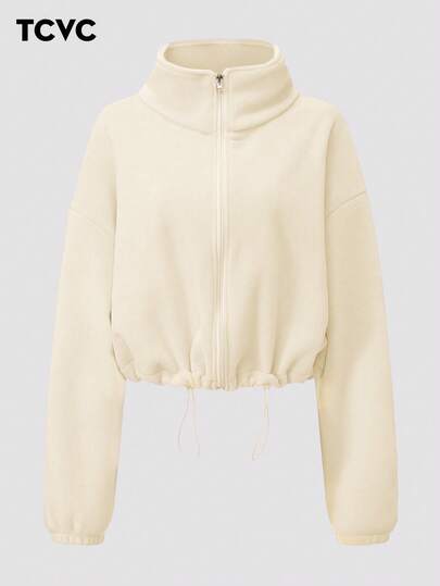 TCVC Women's Solid Color Fleece Lined High Neck Zip-Up Sweatshirt, Autumn/Winter Casual Long Sleeve Drawstring Jacket, Women's Indoor Outdoor Sportswear, Soft Fabric, Versatile