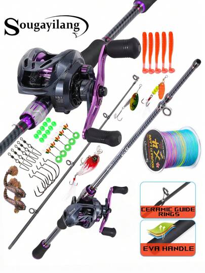 SOUGAYILANG Baitcasting Complete Fishing Combo: Carbon Fiber 2-Section Rod & Reel 8+1 Bearings | 8kg (17.8lbs) Drag | Full Kit Includes Line, Lures, Baits & Accessories | Color/Style May Vary