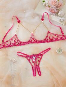 Conjunto de lencería seductora que incluye: Sujetador bordado sexy con decoración de cadena dorada y copas huecas, emparejado con bragas de entrepierna abierta. Conjunto de ropa de dormir sexy para mujer, lencería sexy para mujer, bragas para mujer, conjunto de ropa de dormir sexy para mujer, prendas sexy para mujer, conjunto de lencería sexy, conjunto de lencería para mujer, conjunto para mujer, transpirable - Rosa Fucsia - Ver 2