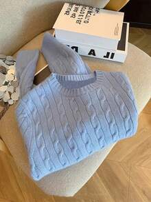 女式休闲秋季麻花针织圆领长袖毛衣上衣 - 寶藍色 - 查看 5