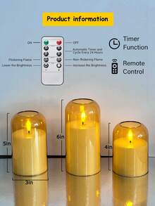 3支装无焰蜡烛灯，带定时/遥控功能，电池供电，许愿蜡烛灯，无异味蜡烛灯，优质透明玻璃罩，3支逼真火焰柱状蜡烛，温暖火焰，适用于家居、卧室、婚礼、求婚、圣诞节、万圣节、情人节、公司聚会等场合 - 金色 - 查看 9