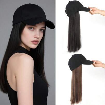 女士可调节棒球帽，带接发，附合成假发，适合长直发，黑色棒球帽，适合女性日常佩戴和聚会