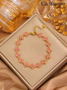 Camhanno 1 Pc Elegant And Exquisite Stainless Steel Bracelet, Creatively Designed With Four Leaf Flowers, Perfect Holiday Gift