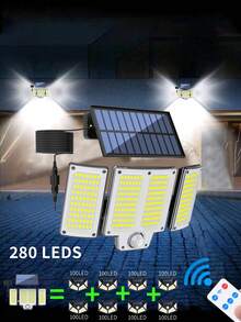 1/2个太阳能户外灯，280颗LED灯珠，3种模式人体感应户外灯，带遥控器，防水太阳能户外安全泛光灯，适用于庭院、露台、花园、车库（单个280颗LED灯珠/2000mAh = 6个100颗LED灯珠/1200mAh） - 三頭壁燈-分體 - 查看 2