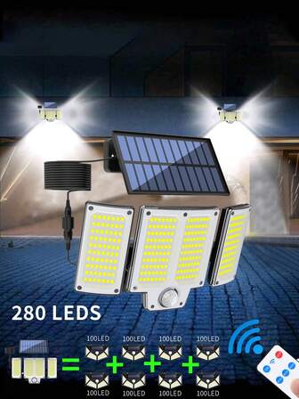 1/2个太阳能户外灯，280颗LED灯珠，3种模式人体感应户外灯，带遥控器，防水太阳能户外安全泛光灯，适用于庭院、露台、花园、车库（单个280颗LED灯珠/2000mAh = 6个100颗LED灯珠/1200mAh）