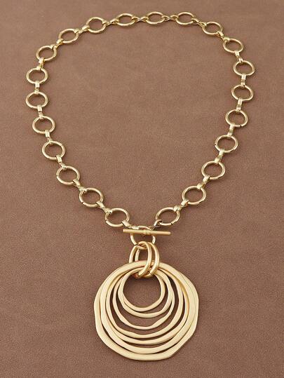 1 pieza de collar declarativo con cadena gruesa, círculo asimétrico de múltiples capas, hueco y de color plateado/dorado mate, adecuado para uso diario de mujeres, con cadena de 18"+2" extensible