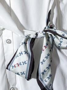 女士白色长袖腰系带围巾衬衫，优雅通勤及外出穿着，春夏款 - 白色 - 查看 6