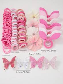 170pcs Pink Tone Faux Flower Hair Clips, Cute Princess Hair Accessories, Elastic Durable Non-Damaging Hair Ties, Hair Scrunchies, Rabbit Ear Hair Hoops, Butterfly Hairpins, Duck Clips, Fashion Versatile Hair Decorations, Suitable For Daily Use, Gift