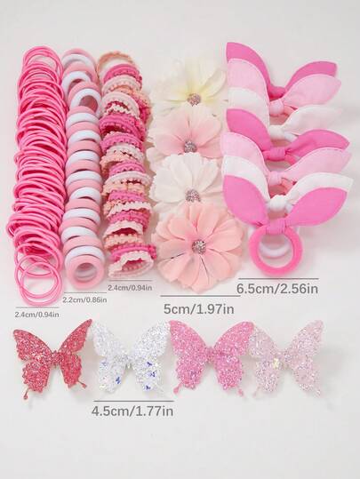 170pcs Pink Tone Faux Flower Hair Clips, Elastic Hair Ties, Rabbit Ear Hair Bands, Butterfly Hair Claws, Duck Clip Hair Accessories, Fashionable & Versatile, Suitable For Daily Use, Gift