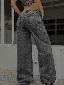 Women's Wide Leg Jeans, Graphite Lead Marbled, High Waist, Bumbum - Màu xám đen - Xem 2