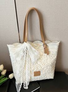 Lace Niche Design Fresh Literary Tote Bag With Bow, Fashionable And Simple Casual Handbag, Large Capacity And Highly Attractively Women's Shoulder Bag, Elegant Women's Underarm Bag, Suitable For Vacation Beach Commuting Daily Matching Photo Giving - Beige - View 8