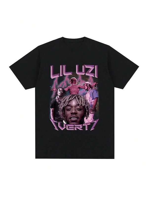 Camiseta de algodón vintage de hip hop para hombres con gráfico de Lil Uzi Vert, manga corta, cuello redondo, ropa casual de calle - Lavable a máquina