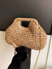 时尚草编包，女士小众时尚编织森林风链条单肩包，休闲百搭斜挎包，适合外出、约会、购物、送礼、通勤等各种场合 - 卡其色 - 查看 7