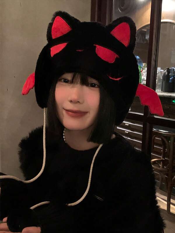 1 Pieza de Gorro de Peluche con Orejas de Gato Diablo Pequeño para Mujeres, Adecuado para Otoño e Invierno, Halloween, Estilo de Dibujos Animados, Divertido, Cálido, Orejeras, Gorro Lei Feng