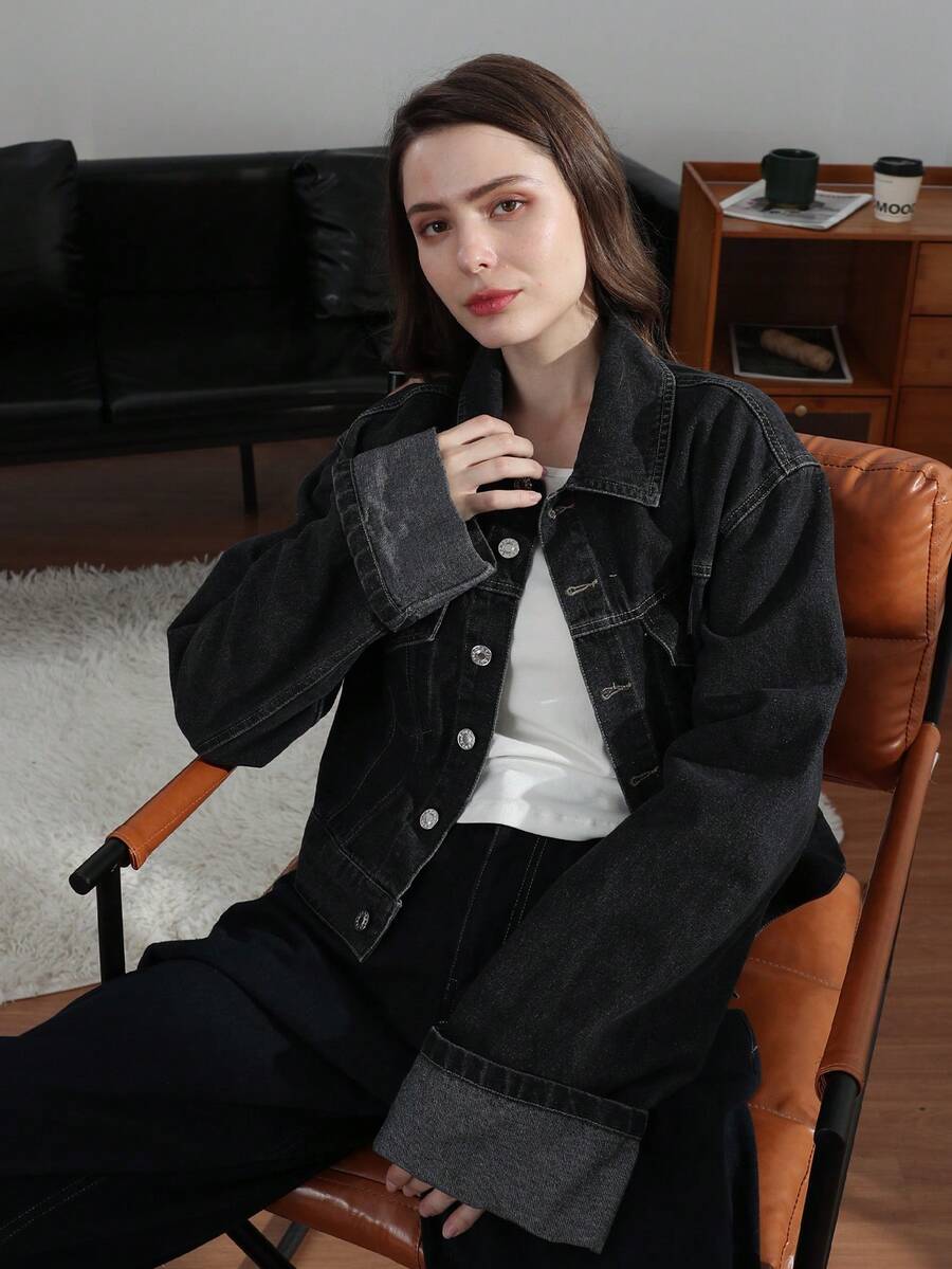 Jaqueta Denim de Manga Longa com Lapela de Cor Sólida Fashionable para Mulheres