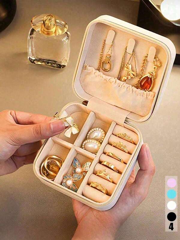 1pc Travel Jewelry Box, Small PU Leather Jewelry Storage Case, Dual Layer Portable Mini Jewelry Display And Organizer Box, Suitable For Earrings, Rings, Necklaces, Bracelets, Nail Art, Mother's Day, Christmas, Halloween, Women Gifts
