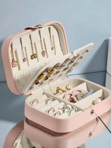 1个便携式旅行首饰收纳盒，PU皮革首饰整理盒，小型拉链首饰盒，多层耳环戒指收纳盒，化妆品收纳盒，首饰展示托盘，香水收纳盒，防水防氧化材质，保护戒指、耳环和项链，节日礼物，送她的礼物，适合教师使用 - 粉色 - 查看 17