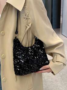 今年最流行的手提包，女士新款时尚韩版亮片托特包，迷你方形单肩包 - 黑色 - 查看 6