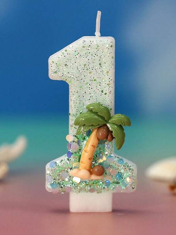 1 Pc Birthday Number Wax Coconut Tree Beach Birthday Candle Cake With Sequined Candle Cake Decoration, Suitable For Anniversary Celebration Items