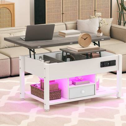 Lift Top Coffee Table With Drawer, Multi-Color LED Lighting & Music Mode, 4-In-1 Convertible Table With Storage And Outlets