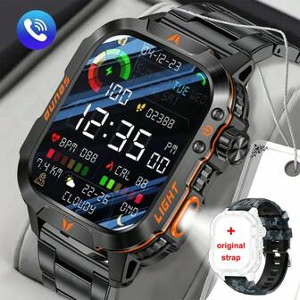 New Men Women Outdoor Business Smart Watch 2.01-Inch HD Screen Smartwatch LED Flashlight Sports Activity Fitness Tracking Watch Wireless Call Pedometer Calorie Information Push Android IOS Smart Bracelet