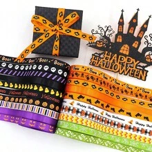1pc 5 Yards/Roll 10mm Halloween Ribbon, Halloween Party Decoration Supplies, Bow Headband Material, English Letter & Solid Color Woven Tape - Multicolor - View 4