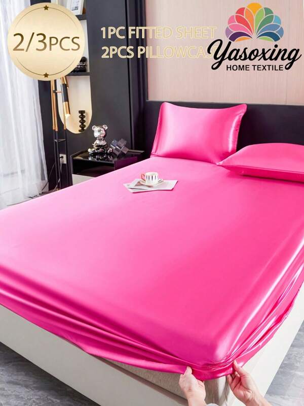 2/3pcs Solid Color Dark Pink Satin Fitted Sheet Set Simulation Silk Fitted Sheet Set With 1pc Fitted Sheet+1/2pcs Pillow Case Without Filler, Modern Soft Bedding Set For Household Sheet Deep Pocket Up To 13.8 Inch Satin Pillowcase, Soft Breathable Wrinkle-Free Better For Sleep, Luxury Hotel Style, Gift For Mom Dad Friend Domitory Bedding Back School Bedding