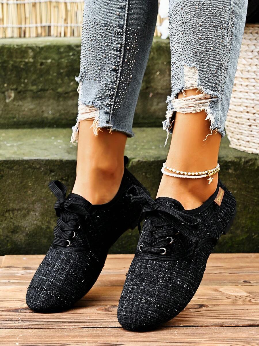 系带圆头女士时尚平底休闲鞋，优雅时尚 - 黑色 - 查看 1