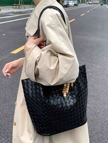 2pcs Vintage Commuter Style Knitted PU Leather Bucket Bag Set, Large Capacity Shoulder Bag For Women, Autumn/Winter - Black - View 5